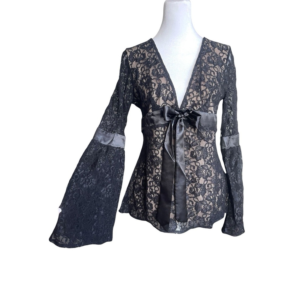 Vintage Y2K Boston Proper Black Lace Babydoll Top Bell Sleeves Witchy Whimsigoth